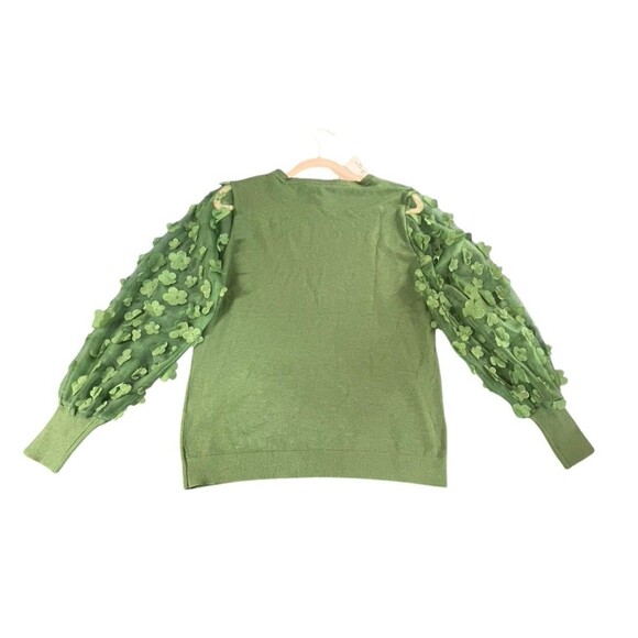 Sioni Milano Women's Green Crew Sweater Sheer Sleeves Flower Embellished Size L - Picture 11 of 14